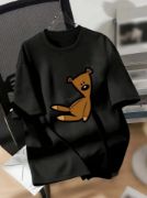 Baskılı Oversize Bisiklet Yaka T-shirt - Siyah resmi